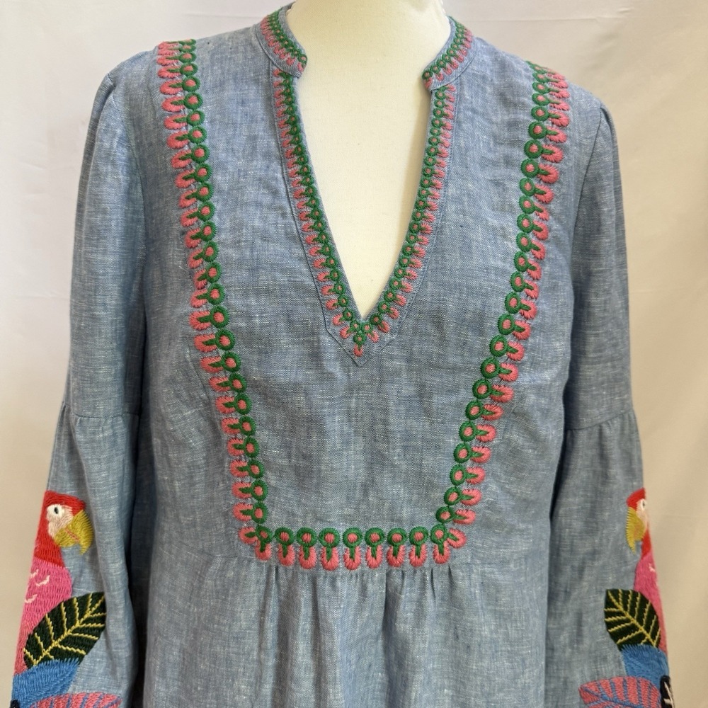Boden Leonie Parrot Embroidered Linen Dress Blue Women's Resort Vacation 10R - Picture 3 of 15